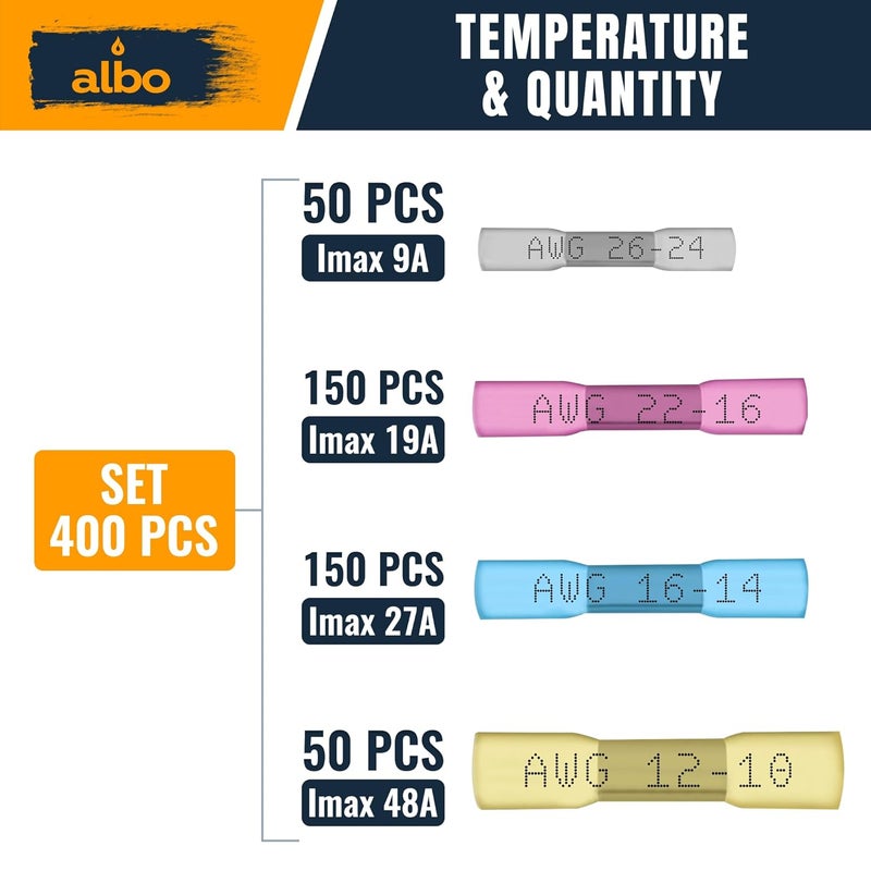 ALBO Set 400 PCS 26-10 AWG Mixing Heat Shrink Butt Connectors - Tinned Copper - Marine Grade Insulated Crimp Wire Connectors - Waterproof Electrical Connectors - Butt Splice for Auto, Marine, Stereo - Image 2
